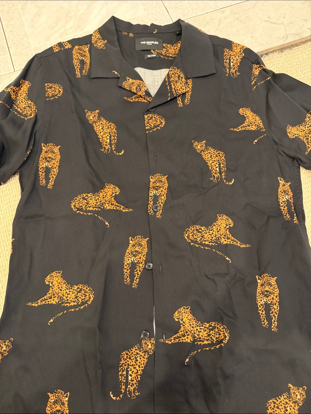 The Kooples Black Button-Down Camp Shirt with Orange Leopard Motif